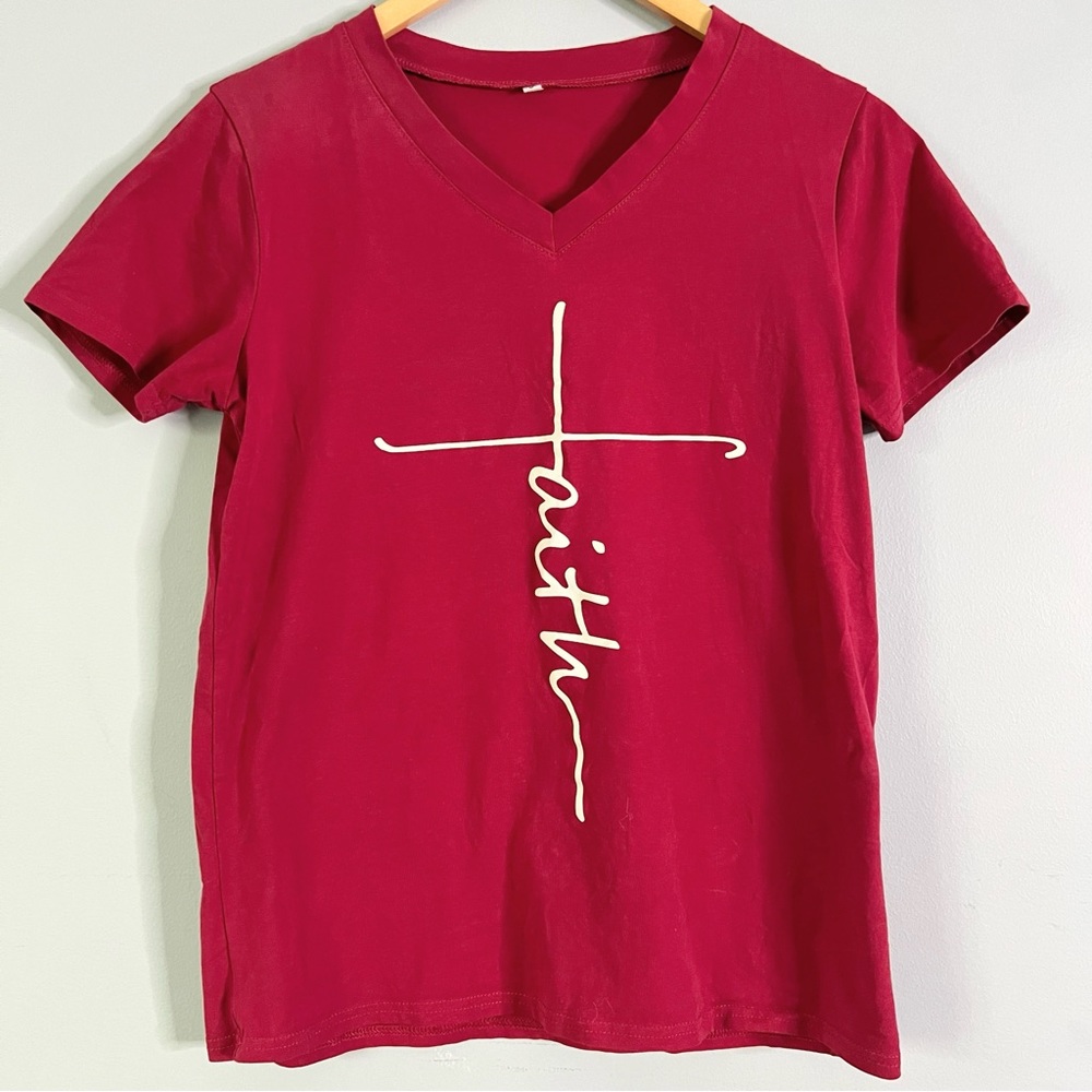 Dark Red Maroon V-Neck Faith T-Shirt size Small